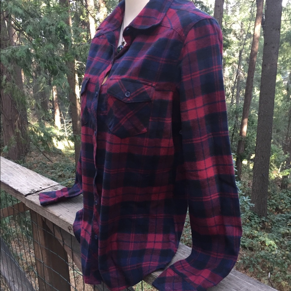 Kyoto klothing  burgundy plaid button down oversized flannel top pockets - Picture 10 of 14